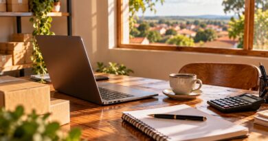 Mesa de trabalho com notebook, calculadora e caderno de um pequeno empreendedor
