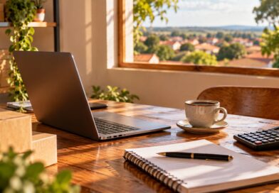 Mesa de trabalho com notebook, calculadora e caderno de um pequeno empreendedor