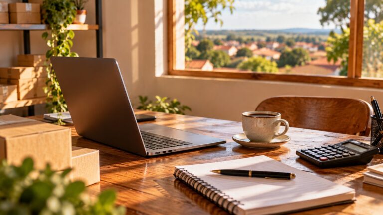 Mesa de trabalho com notebook, calculadora e caderno de um pequeno empreendedor