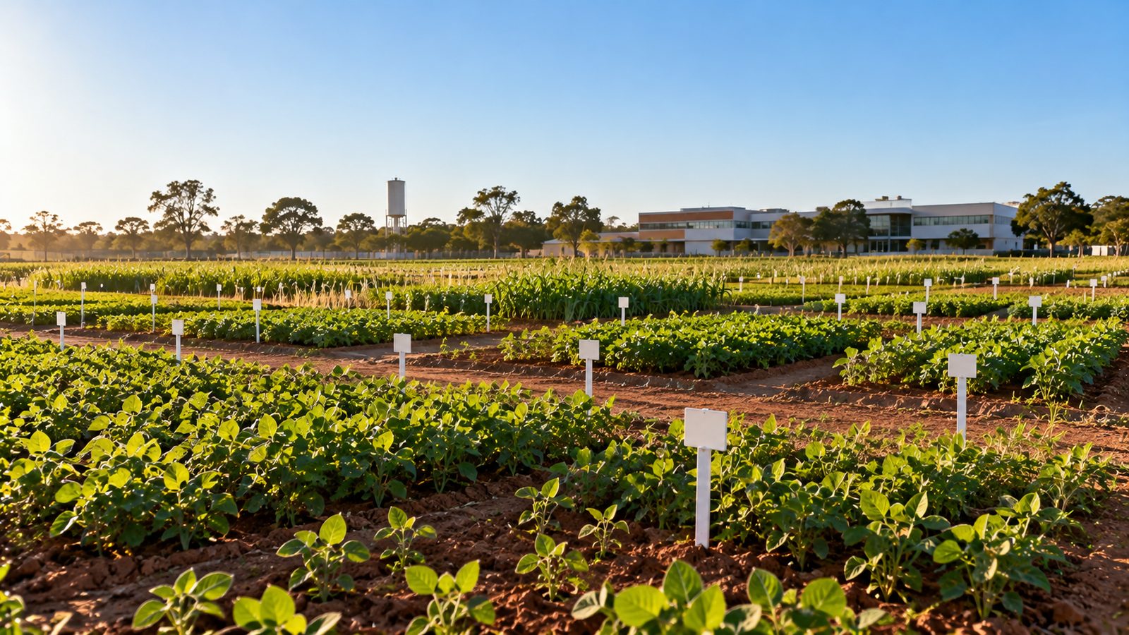Área experimental de pesquisa agronômica com parcelas de plantas