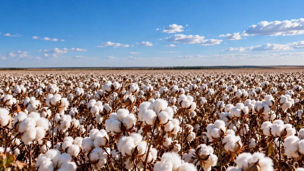 Lavoura de algodão com capulhos abertos pronta para a colheita no cerrado