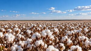 Lavoura de algodão com capulhos abertos pronta para a colheita no cerrado