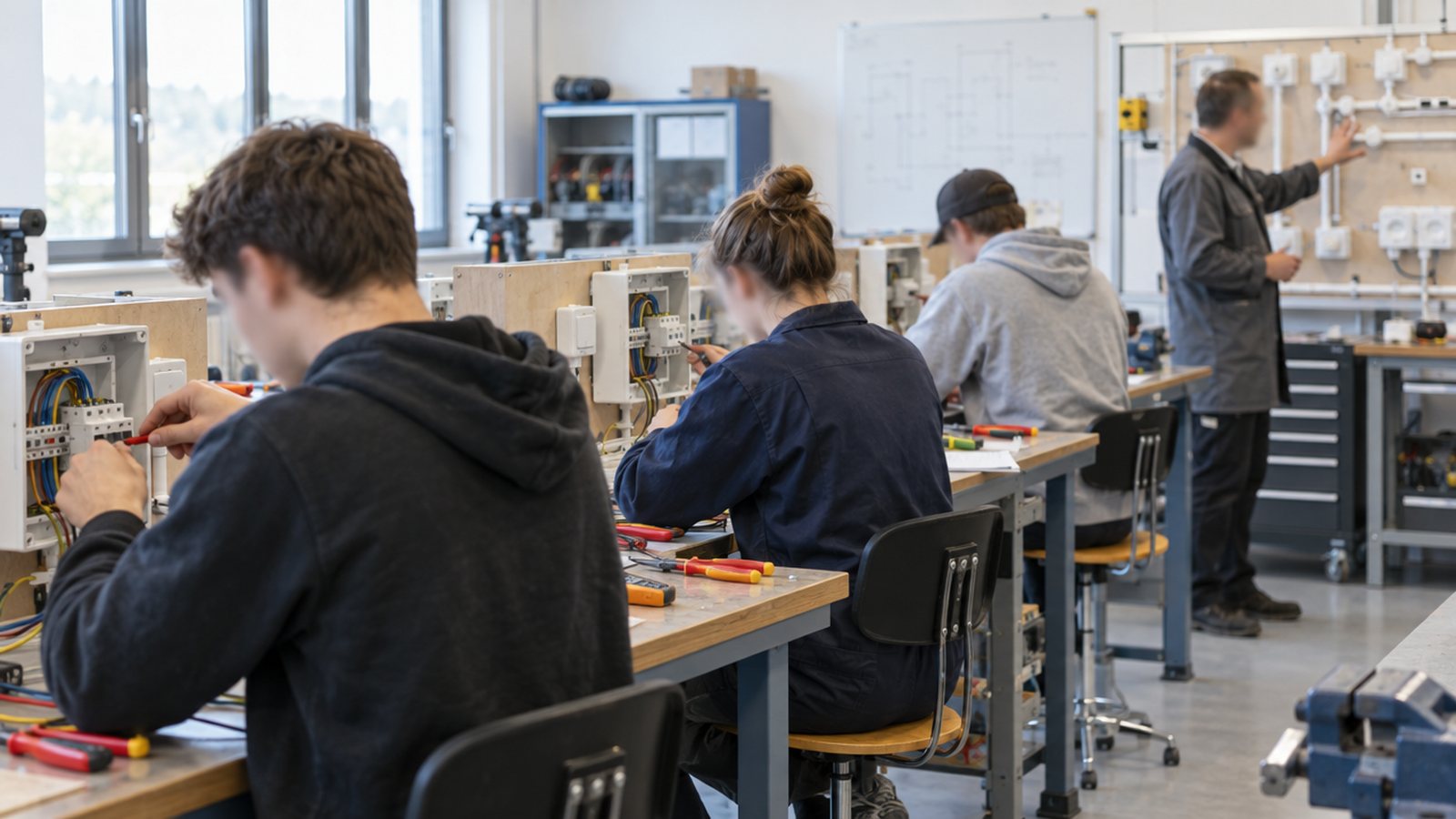 Turma de curso profissionalizante em aula prática de eletricidade
