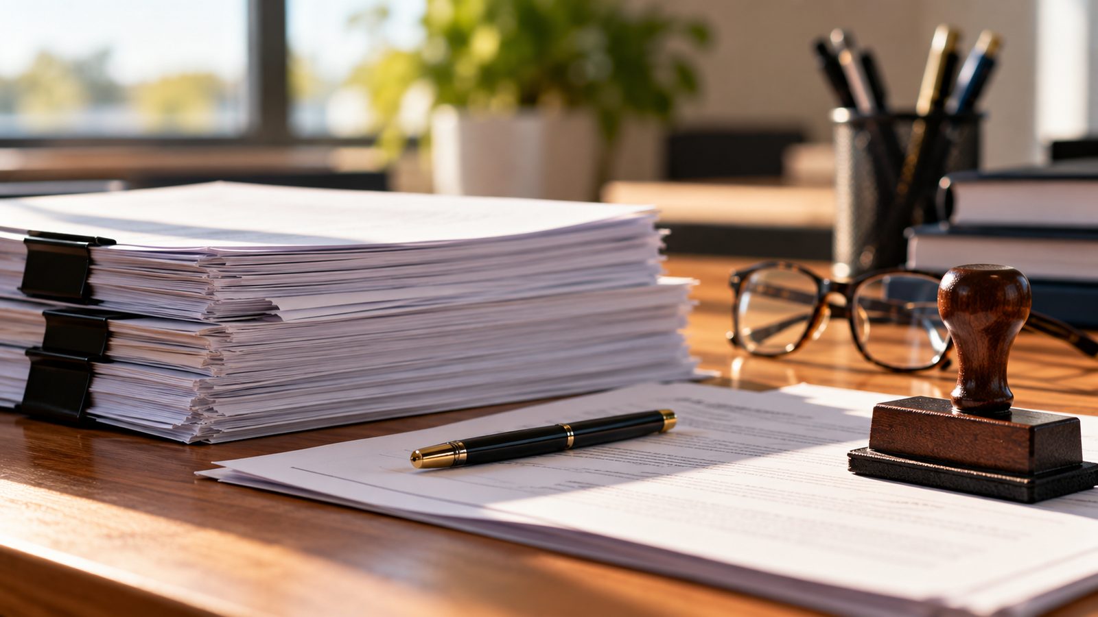Pilha de documentos com carimbo e óculos sobre mesa de escritório