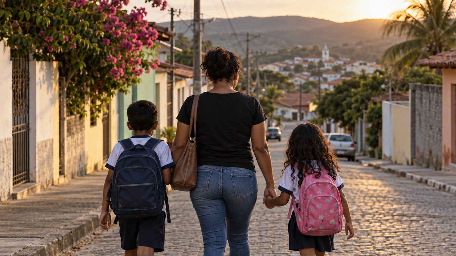 Mãe caminhando com filhos de mochila escolar em rua de bairro