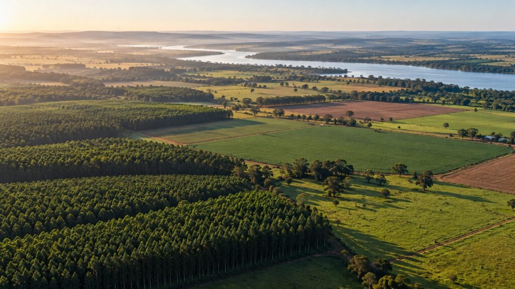 Paisagem do leste de Mato Grosso do Sul com eucaliptos, pastagens e rio ao fundo