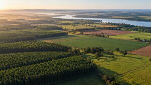 Paisagem do leste de Mato Grosso do Sul com eucaliptos, pastagens e rio ao fundo