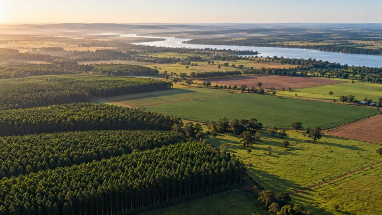 Paisagem do leste de Mato Grosso do Sul com eucaliptos, pastagens e rio ao fundo