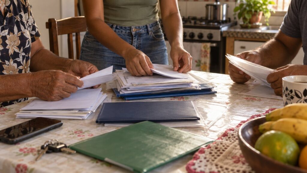 Família organizando documentos pessoais sobre a mesa da cozinha