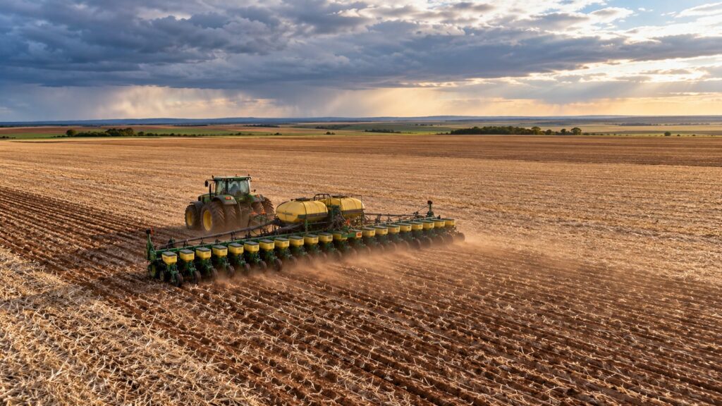 Plantadeira semeando soja em grande lavoura no início das chuvas