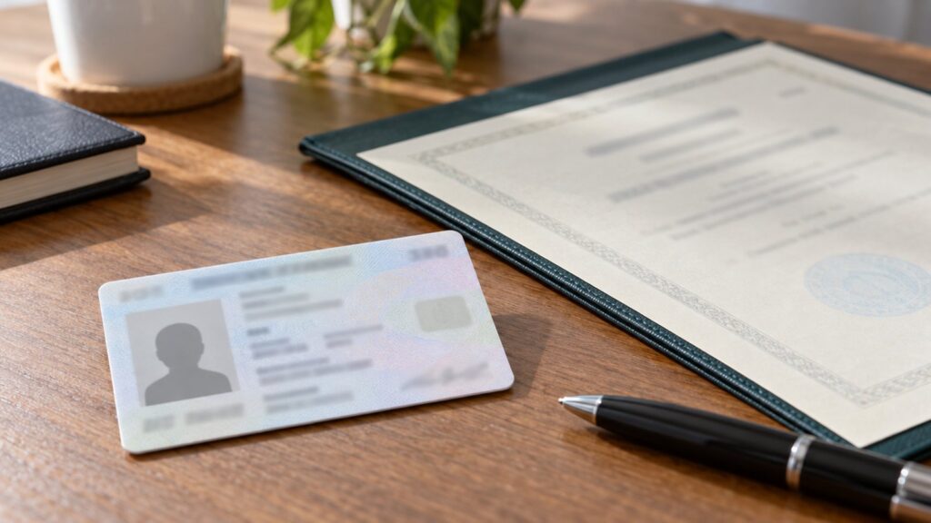 Documento de identidade genérico sobre a mesa ao lado de uma pasta de certidões