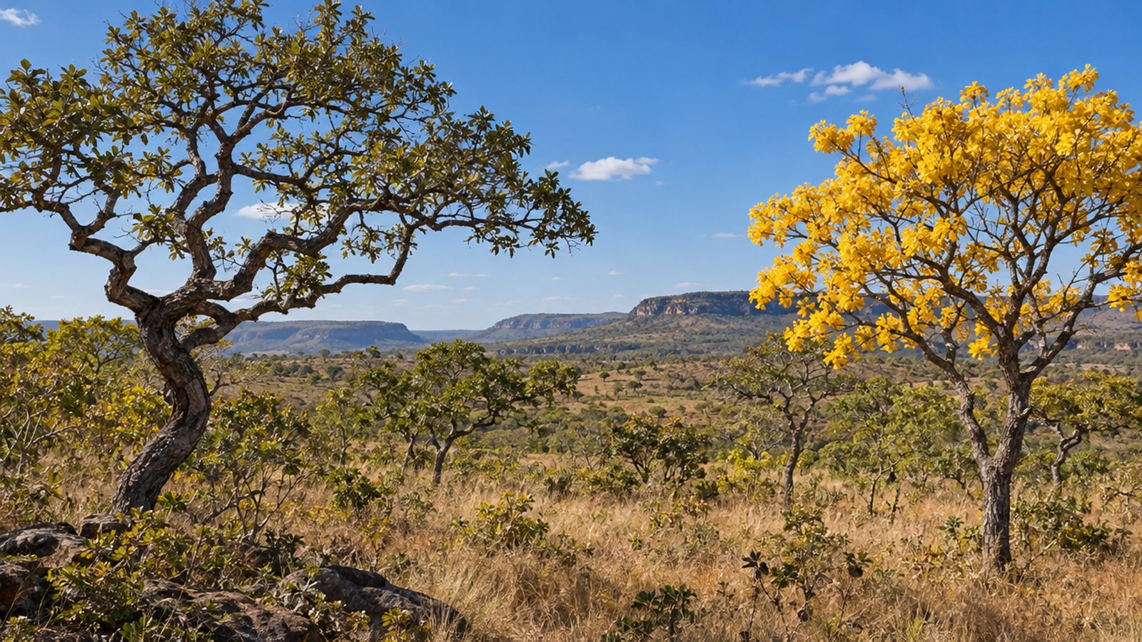Cerrado típico com árvores de troncos tortuosos e ipê-amarelo florido