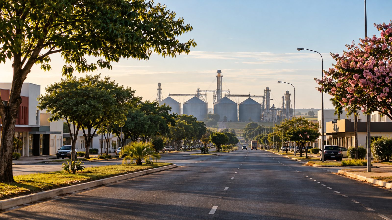 Avenida arborizada de cidade do interior com silos de grãos ao fundo
