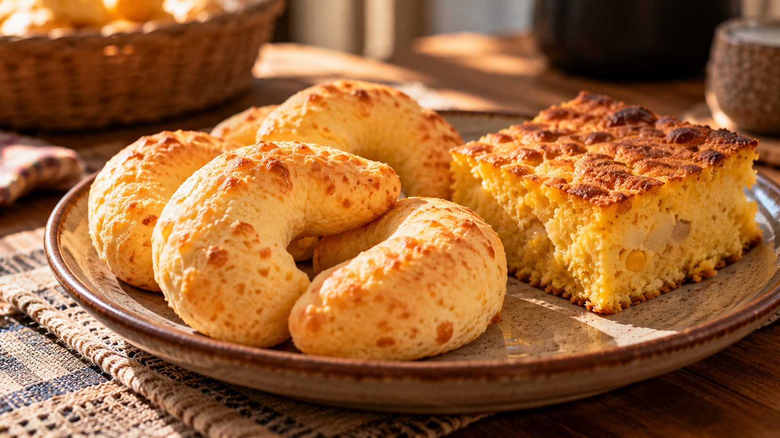 Chipas em formato de ferradura e fatia de sopa paraguaia