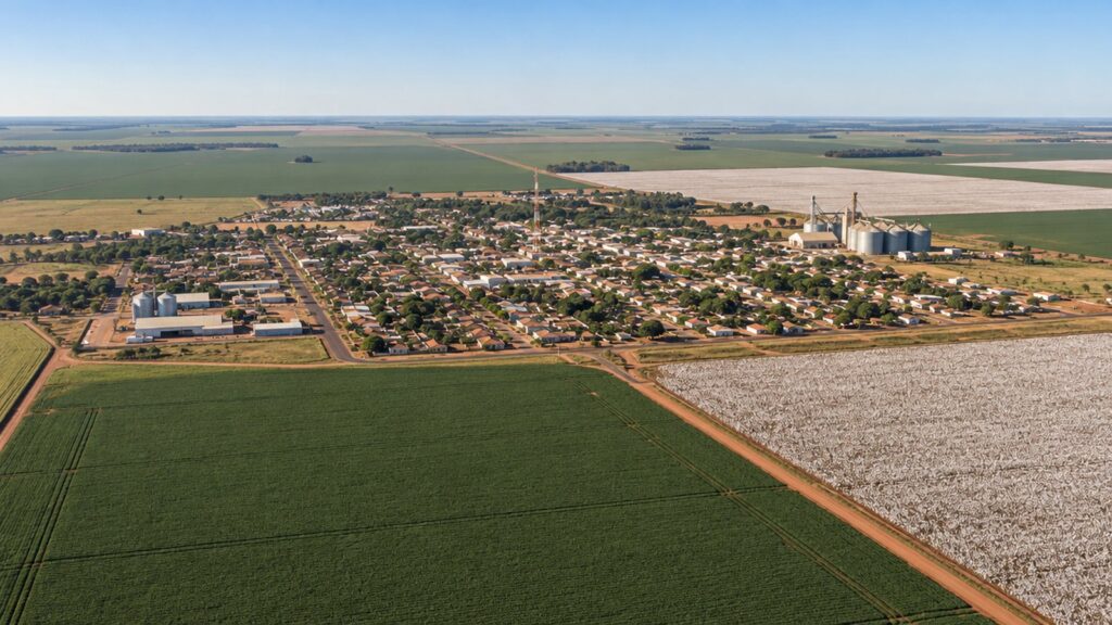 Vista aérea de cidade do interior cercada por lavouras no Cerrado