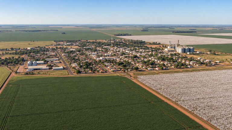 Vista aérea de cidade do interior cercada por lavouras no Cerrado