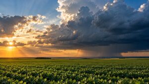 Nuvens de chuva de verão sobre lavouras verdes em planalto do cerrado