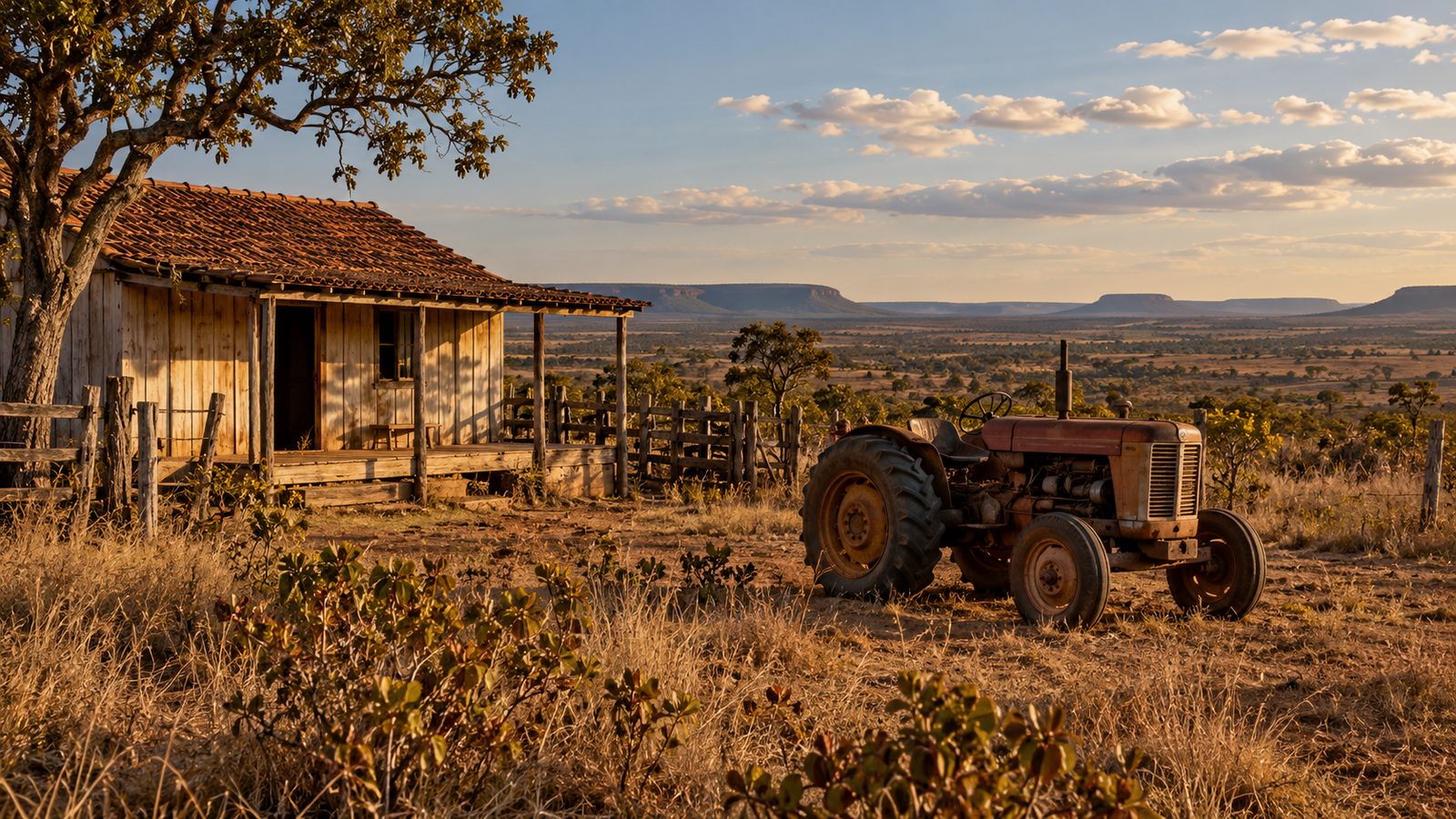 Casa de madeira antiga e trator em área de cerrado, lembrança da colonização agrícola