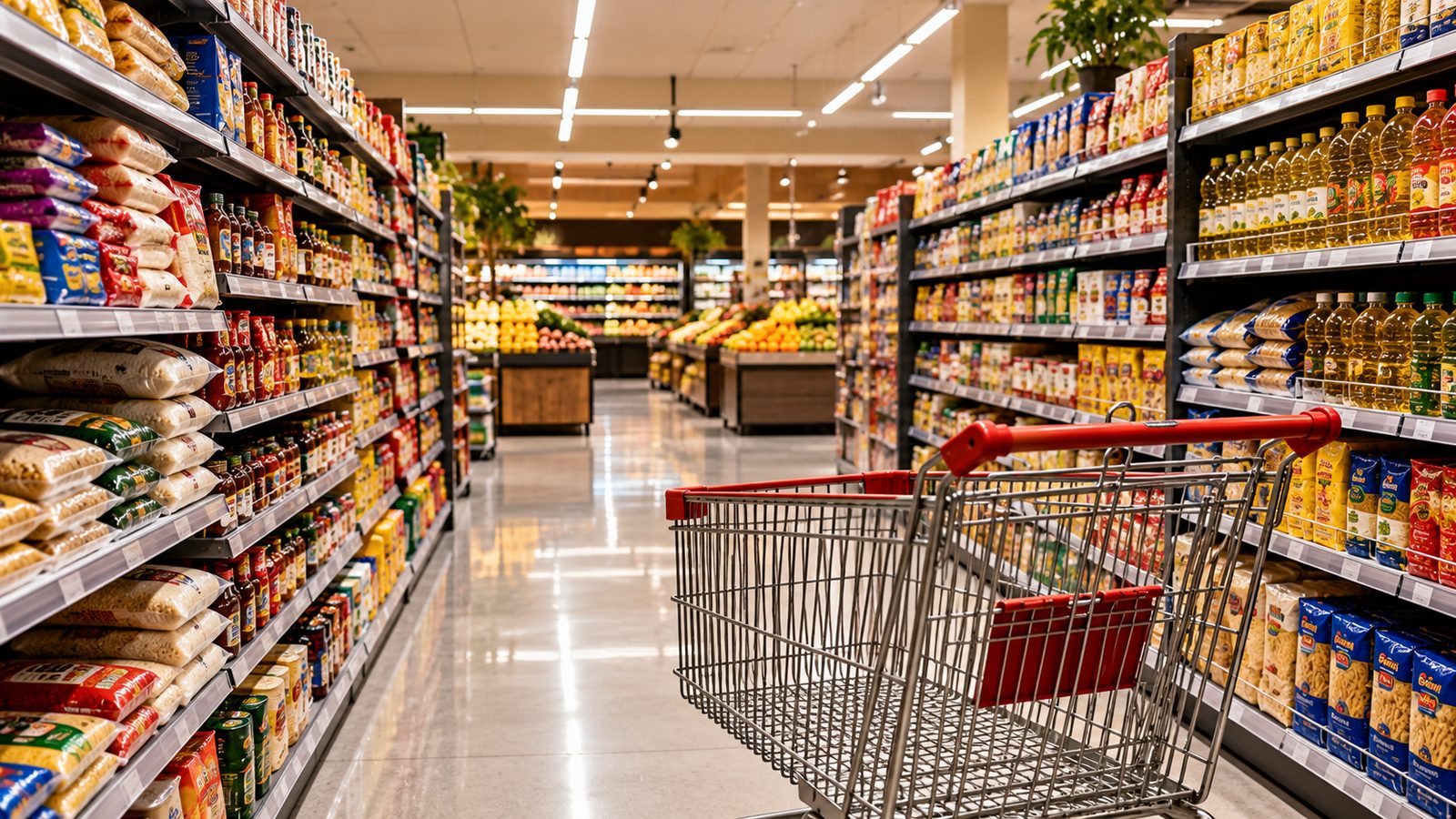 Corredor de supermercado com prateleiras abastecidas