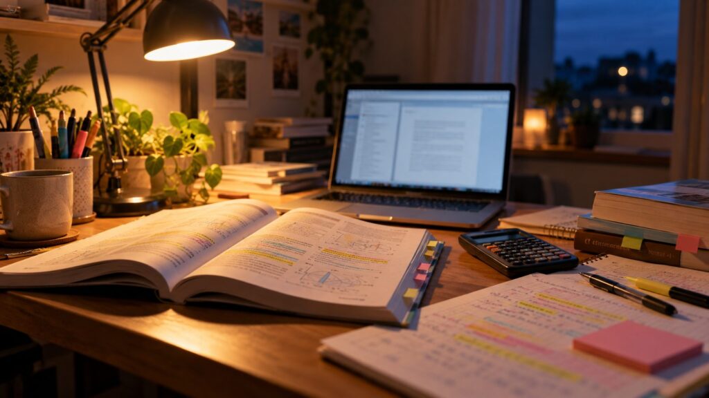Mesa de estudos com livros, anotações e notebook para preparação de concurso