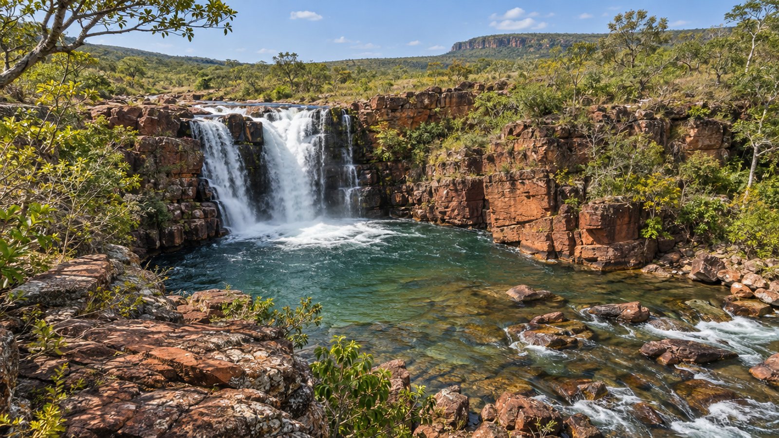 Cachoeira em cânion com vegetação de Cerrado na região de Costa Rica