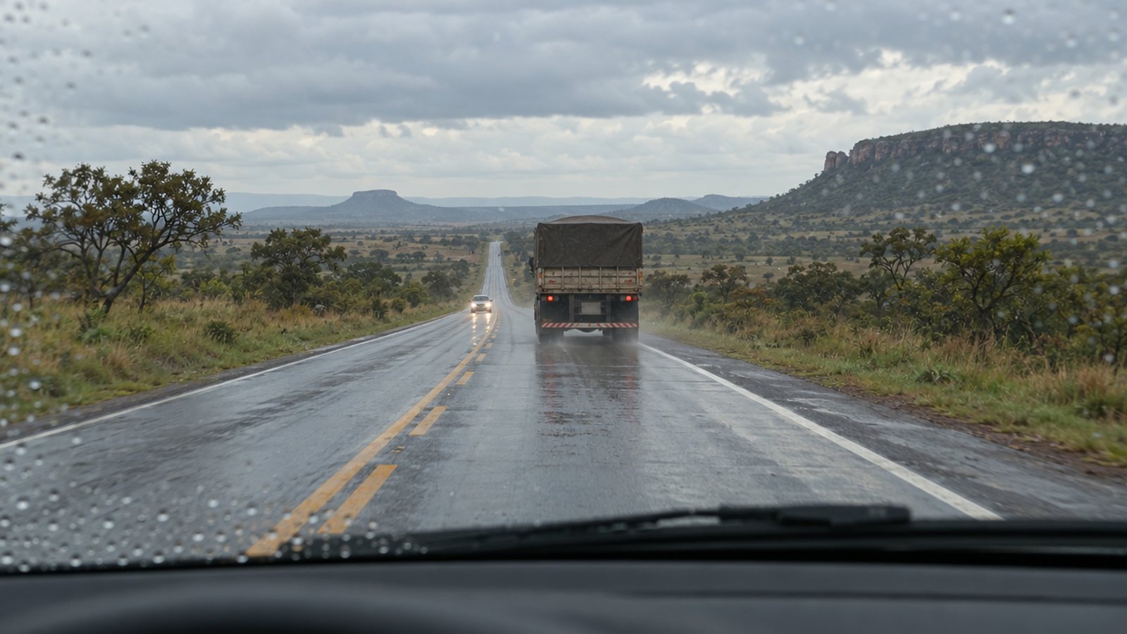 Visão do motorista em rodovia sob chuva com caminhão à frente em distância segura