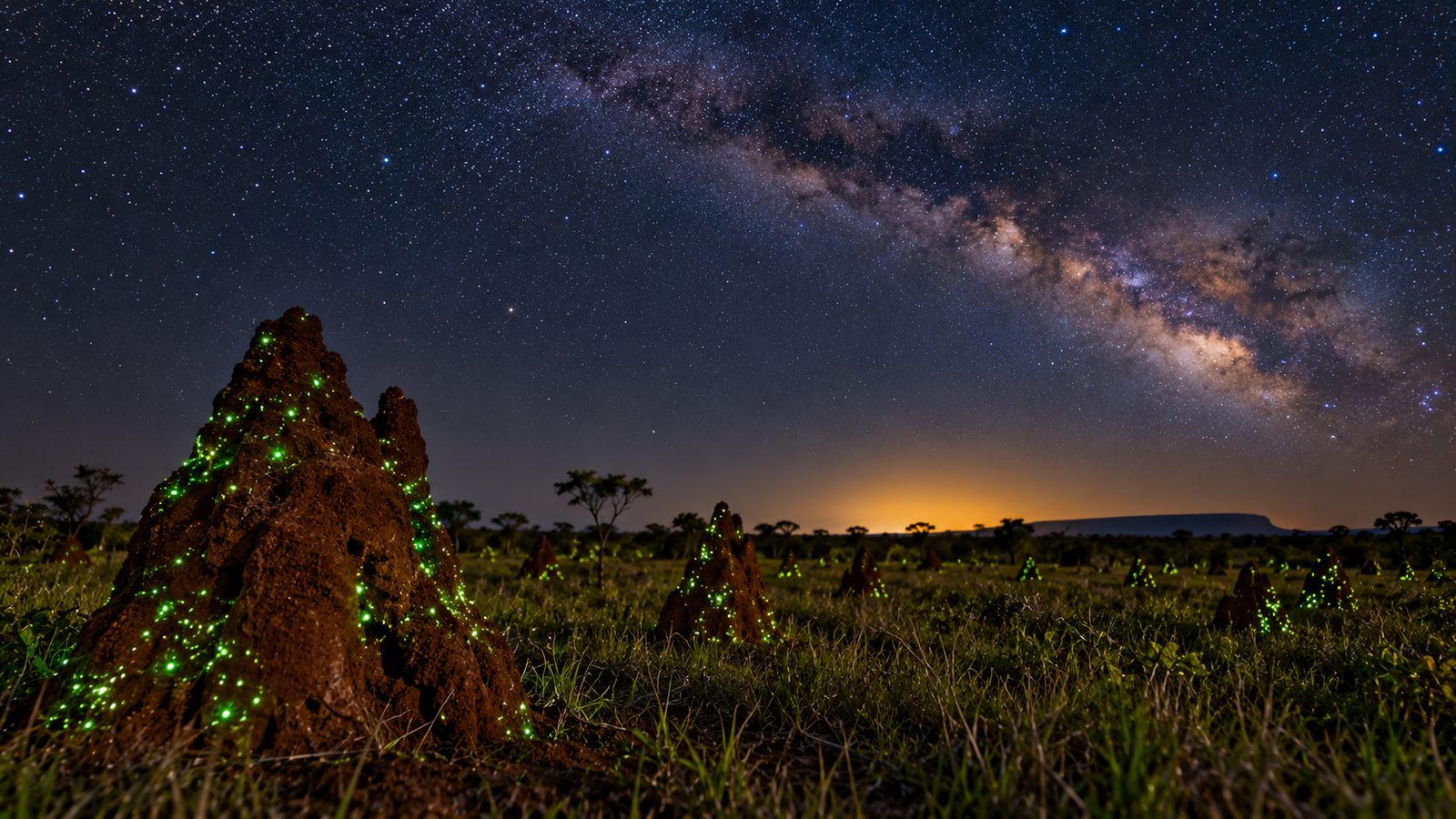 Cupinzeiros com pontos de luz verde bioluminescente no Cerrado à noite