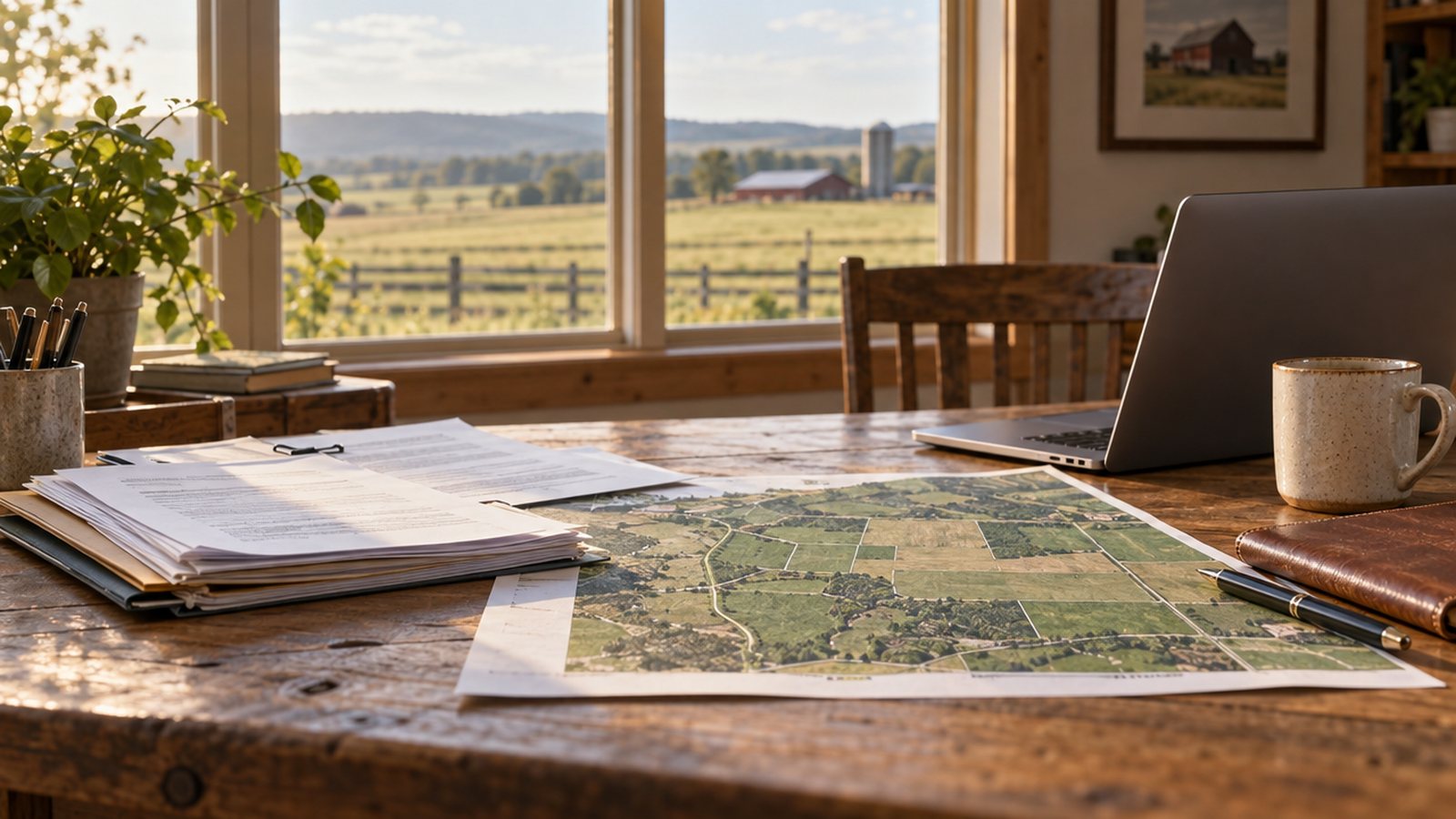Documentos e mapa de imóvel rural sobre a mesa do escritório da fazenda
