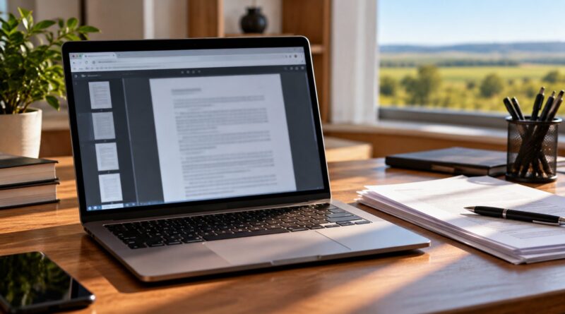 Notebook aberto em mesa com documentos, representando consulta a publicação oficial