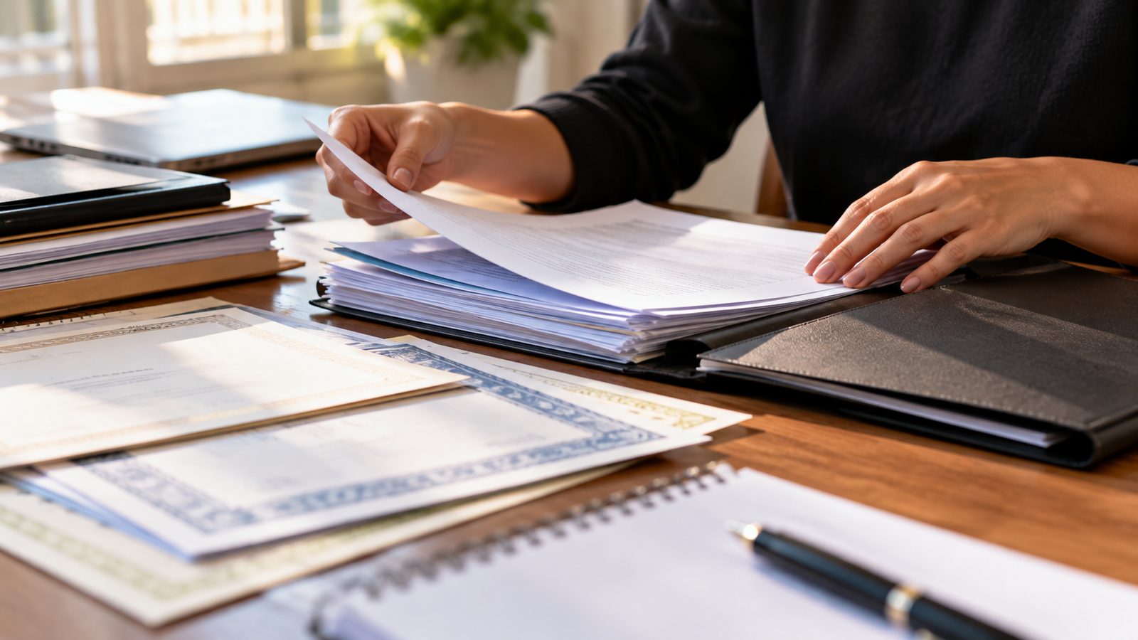 Mãos organizando documentos e certificados para inscrição em seleção