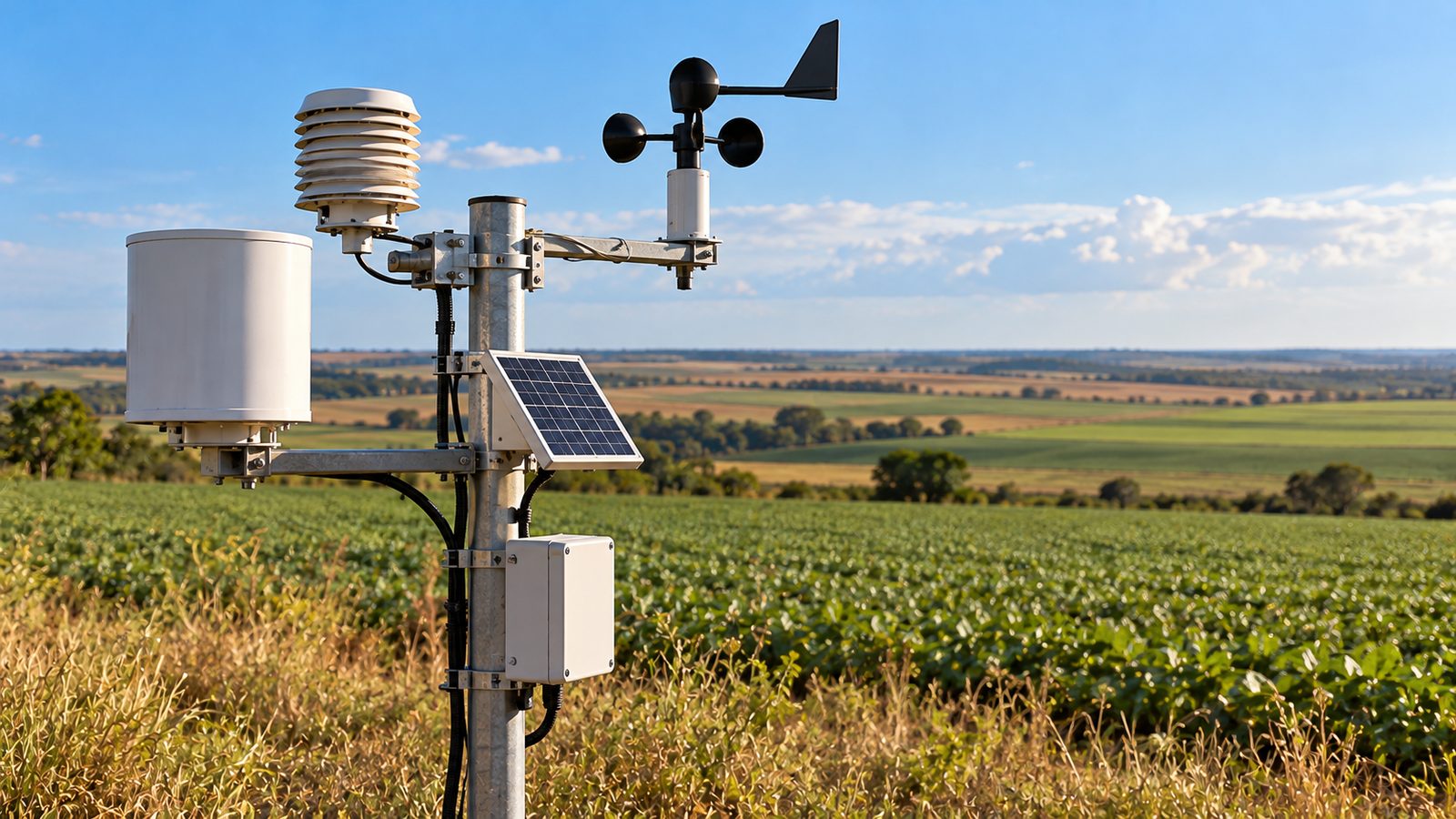 Estação meteorológica automática com pluviômetro em área rural
