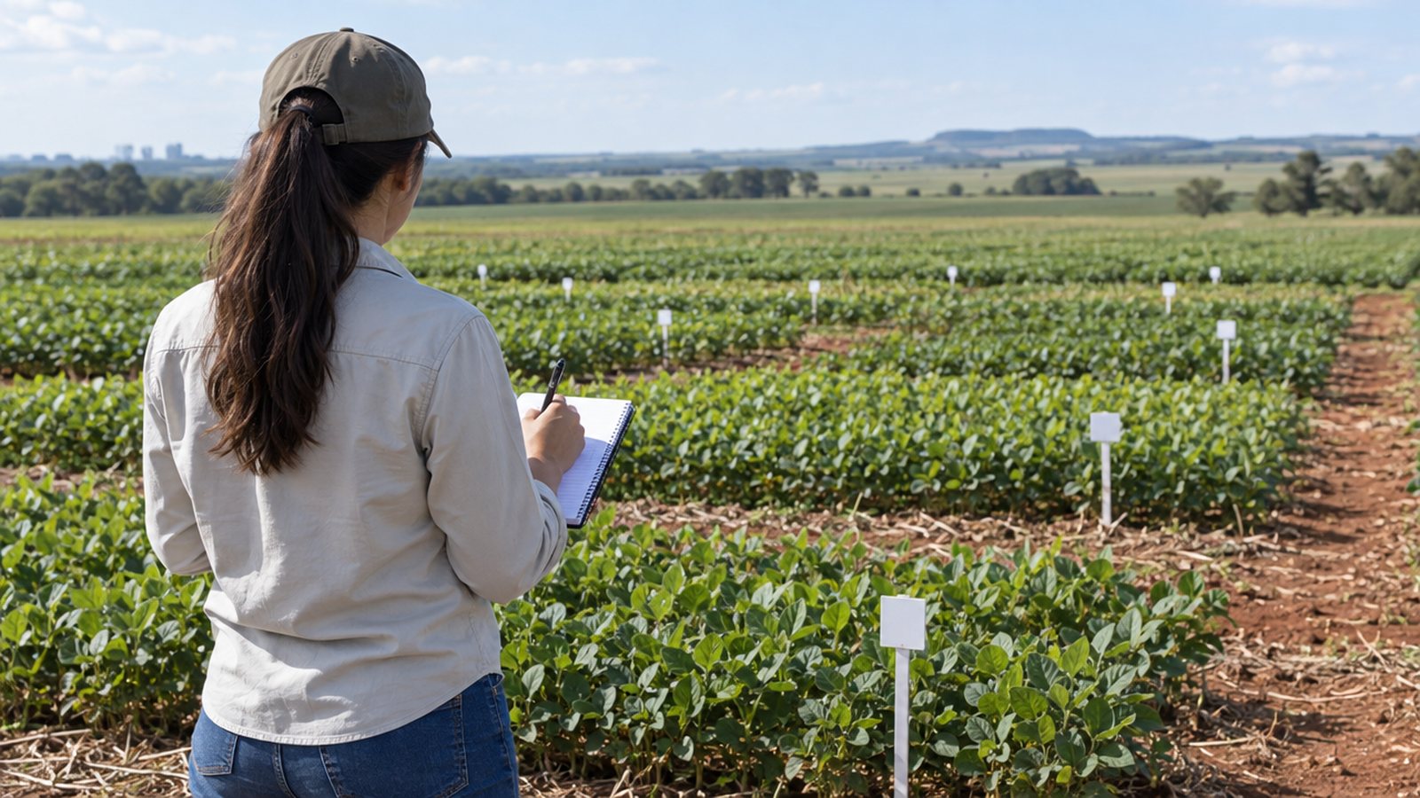 Estagiário de agronomia fazendo anotações em campo experimental