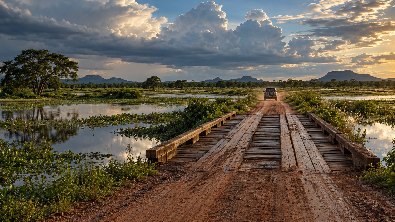 Estrada de terra com pontes de madeira atravessando área alagada do Pantanal