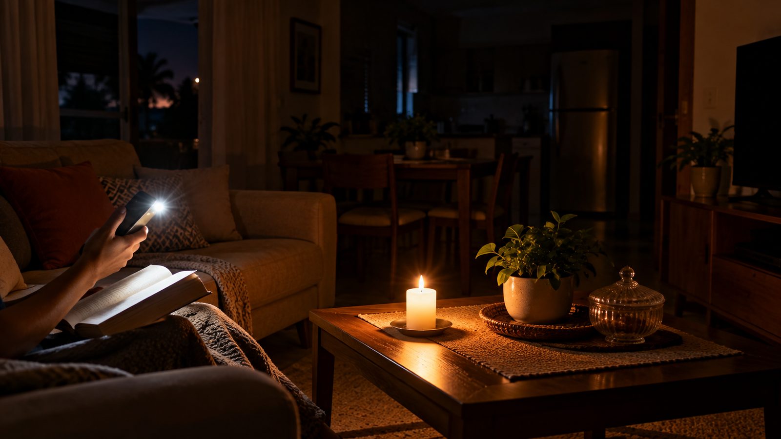 Sala de casa às escuras iluminada pela lanterna do celular durante falta de energia