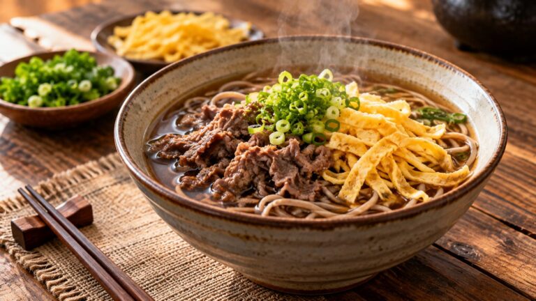 Tigela de sobá com carne, omelete em tiras e cebolinha