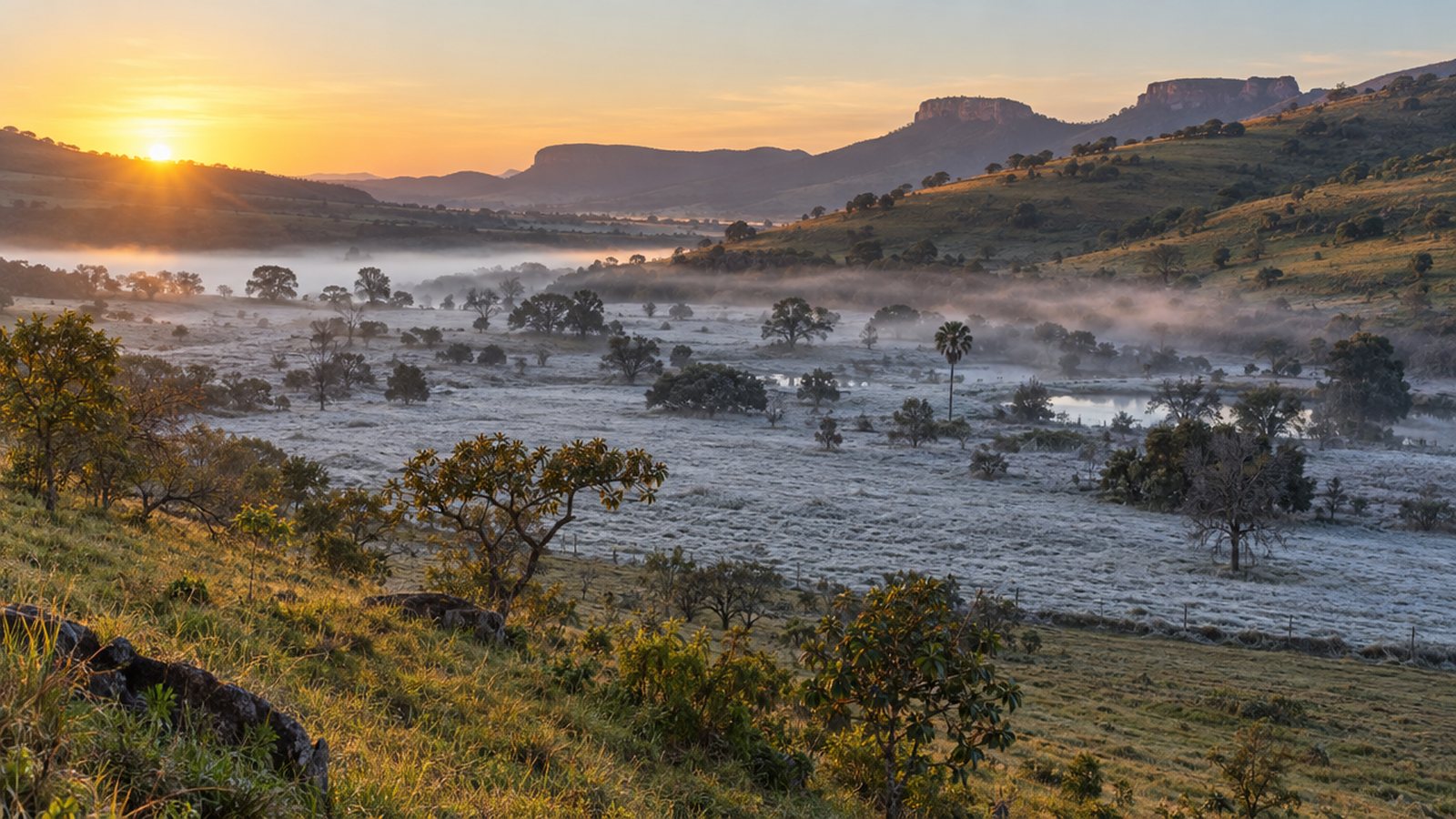 Baixada coberta de geada ao amanhecer enquanto as partes altas permanecem verdes
