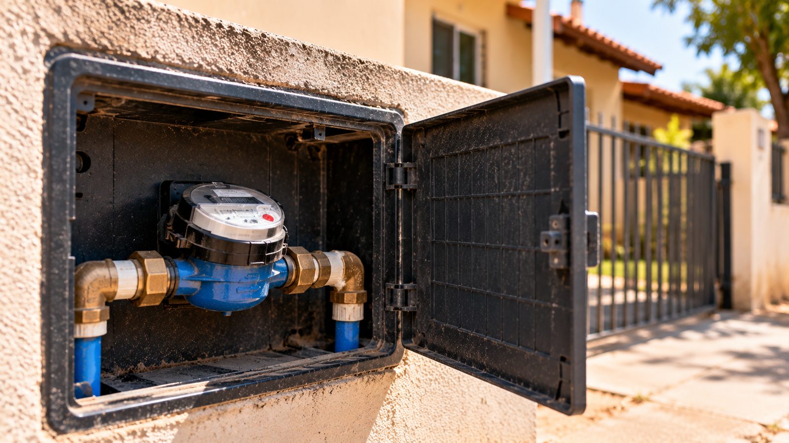 Hidrômetro instalado em caixa de proteção no muro de uma casa