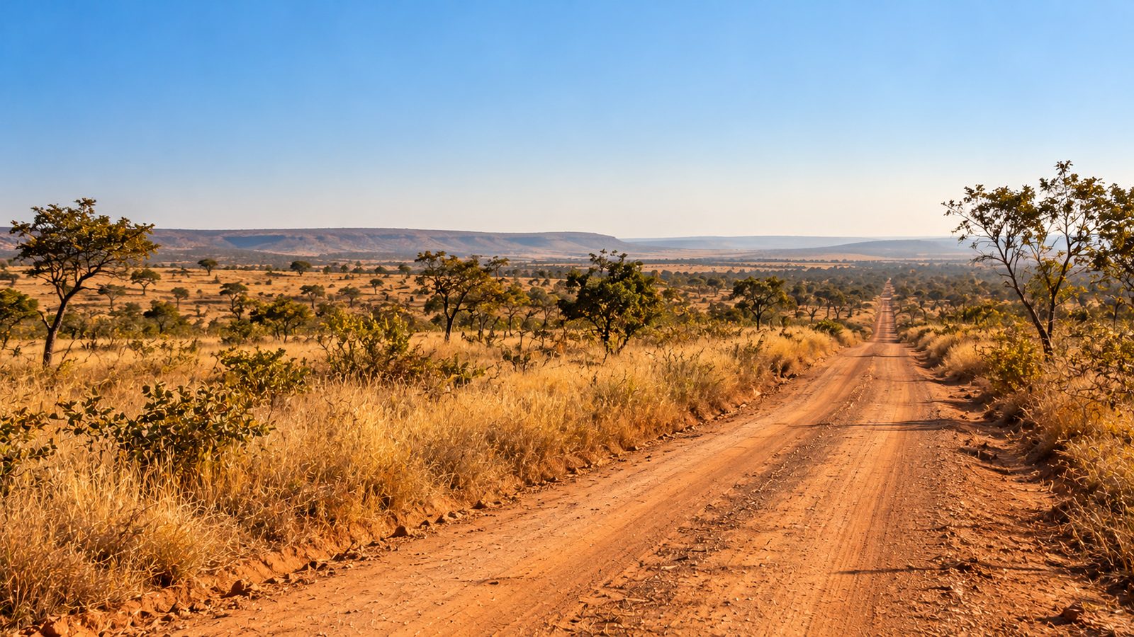 Paisagem seca de inverno no cerrado com estrada de terra e céu limpo