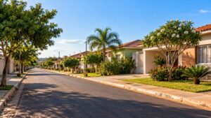 Rua residencial com casas térreas em cidade do interior de Mato Grosso do Sul