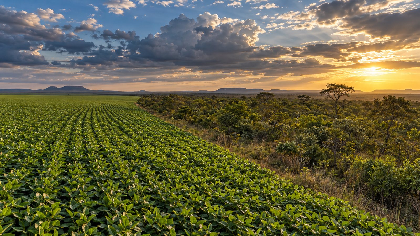 Lavoura de soja ao lado de área de reserva legal com vegetação de Cerrado