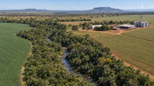 Vista aérea de propriedade rural com lavouras e mata ciliar preservada