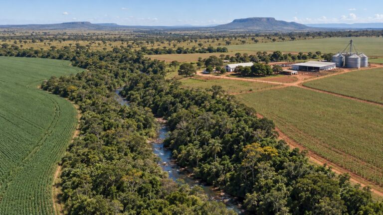Vista aérea de propriedade rural com lavouras e mata ciliar preservada