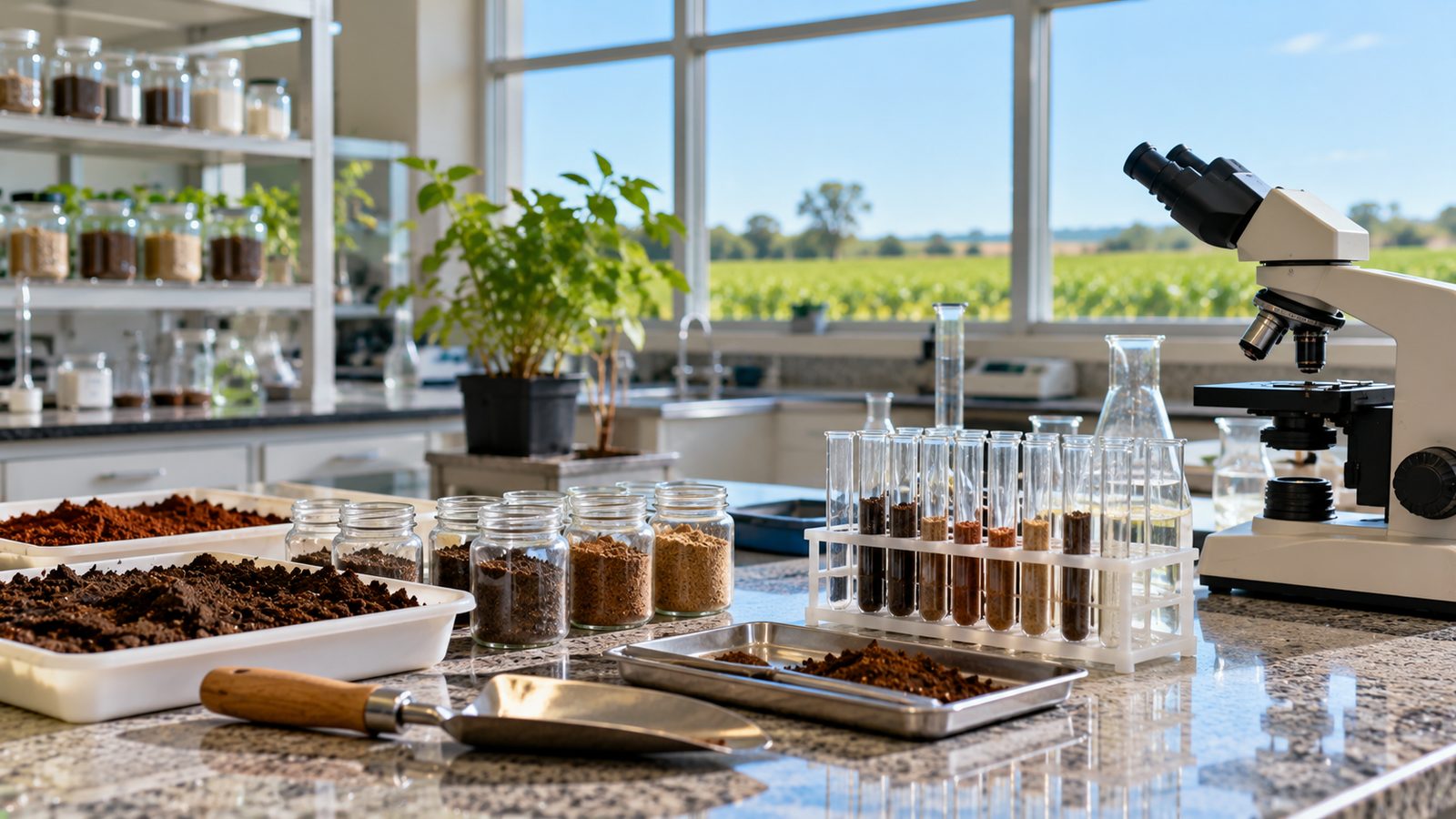 Bancada de laboratório com amostras de solo e microscópio