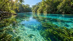 Rio de águas cristalinas com vegetação aquática e peixes em Bonito