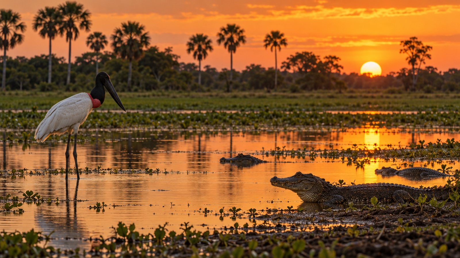 Tuiuiú e jacarés em lagoa do Pantanal ao pôr do sol