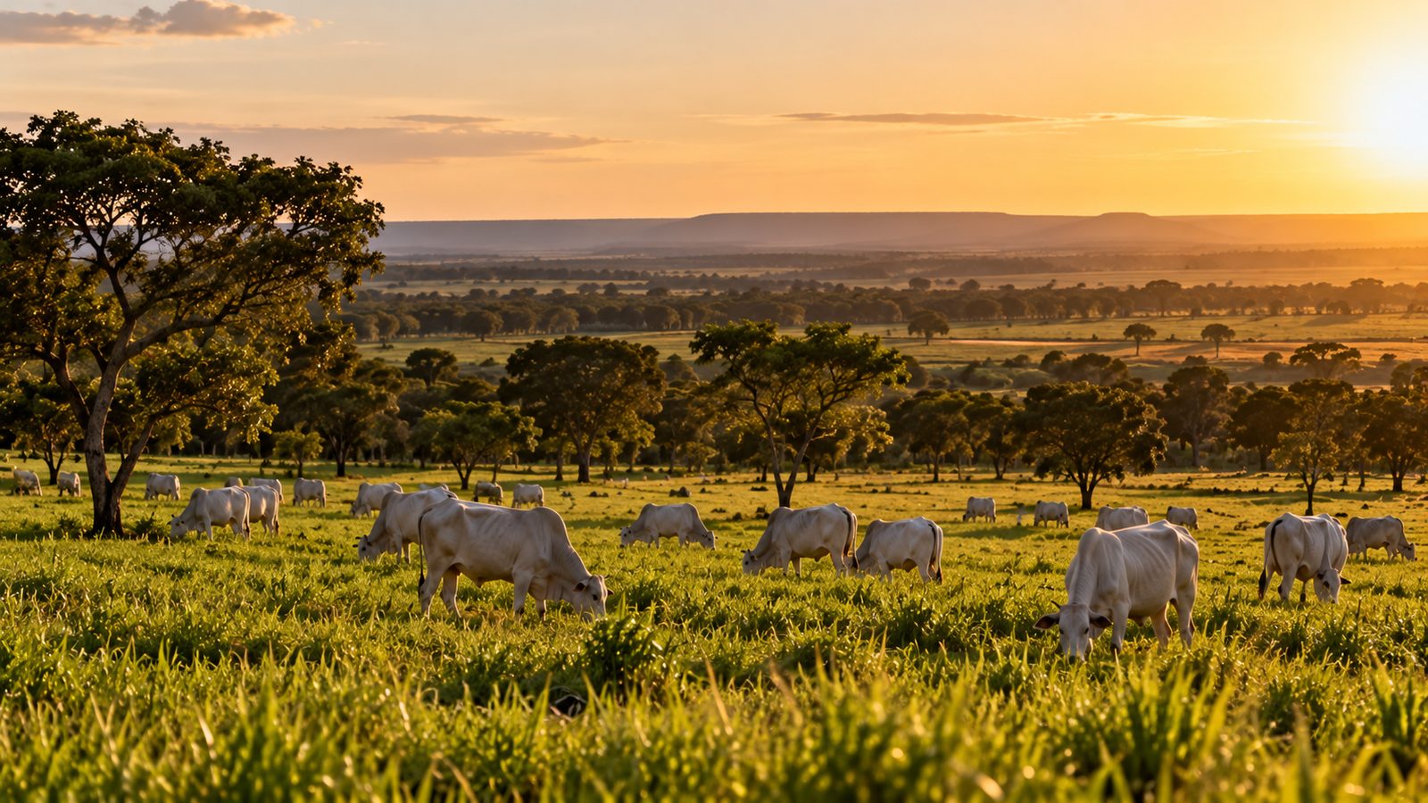Gado em pastagem com árvores do cerrado no leste de Mato Grosso do Sul