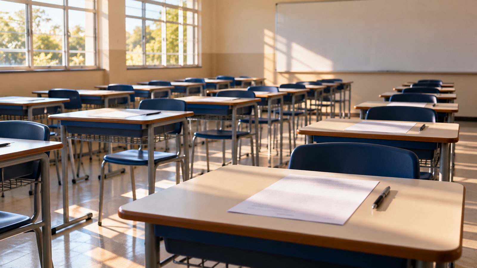 Sala de aula com carteiras preparadas para aplicação de prova