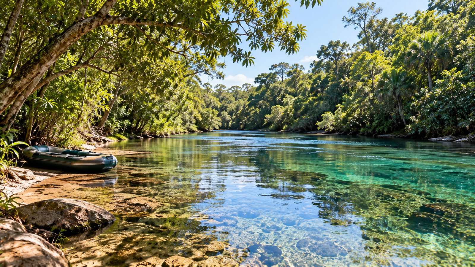 Rio de águas claras com mata ciliar e bote na margem no Cerrado