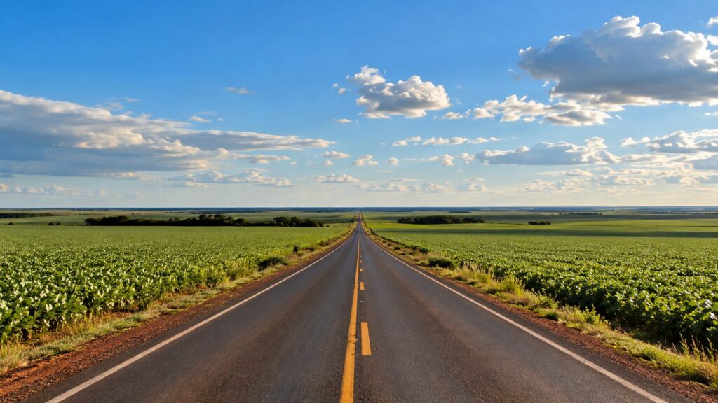 Rodovia reta atravessando planalto com lavouras no leste de Mato Grosso do Sul