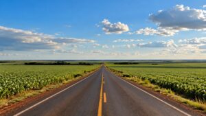 Rodovia reta atravessando planalto com lavouras no leste de Mato Grosso do Sul
